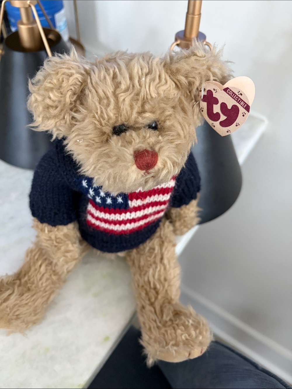 Ty Tan Plush Bear with Navy American Flag Sweater